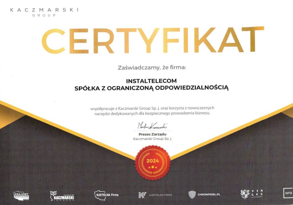 Świadectwo współpracy z Kaczmarski Group Sp. j.
